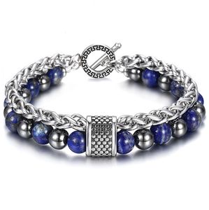 8MM Double Layers Stone Beaded Bracelet for Men Boys Lapis Lazuli Hemitate Metal Lava Stone Stainless Steel Cable Chain TBX00109 Y1699172