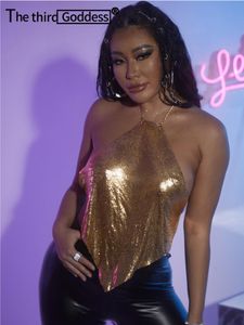 T-Shirt Sexy Gold metal halter sequin party Crop top women summer 2023 fashion Cropped womens tube Tops Clubwear rave festival clothing