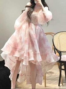 Casual Dresses Summer Floral Print Fairy Midi Women Puff Sleeve Sweet Pink Ruffles Patchwork Oregelbul Ball Gown Princess Dress Y2k