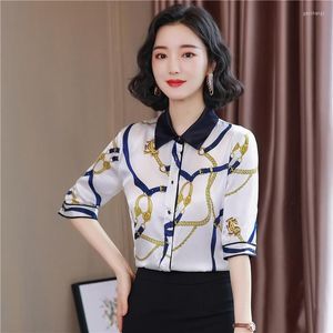 Women's Blouses Summer Fall Loose Satin Vintage Geometric Print Lapel Neck Half Sleeve OL Womens Party Elegant Temperament Slim Top Shirt