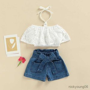 Kläder sätter flickor sommar barn kläder virkning halter hals t-shirtandbelt denim shorts barn