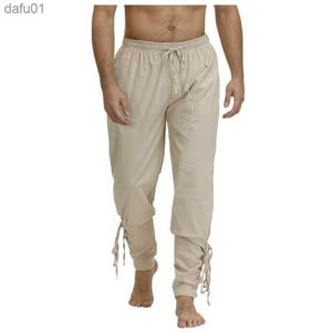 Męskie spodnie s-5xl pirackie spodnie bawełniane spodnie średniowieczne renesans LARP kostium Viking noga koronka uncja lniana Halloween dla mężczyzn Plus L230520