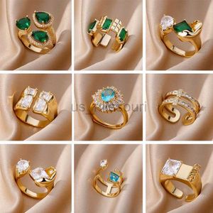 Band Rings Luxury Rectangle Zircon Rings For Women Stainless Steel Gold Plated Ring 2023 Trend Engagement Wedding Aesthetic Jewelry J230531