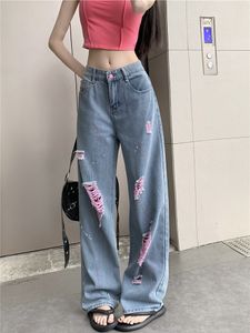 Женские джинсы Девушка разорванная летняя высокая талия розовые рваные с драпированными драпированными брюками для ног. Модная случайная женская одежда 230530