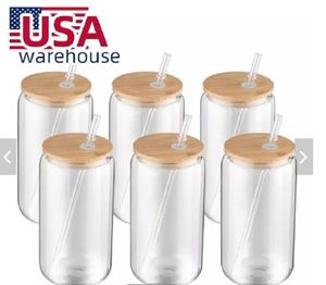 Armazém dos EUA Caneca de 16 onças reta em branco sublimação fosca clara Transparente Copos de vidro de café com tampa de bambu e palha