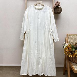 Casual Dresses Cotton Female Ruffles Collar Loose Waist Long Sleeve Midi Dress Girl Fashion Vintage Big Size All Match