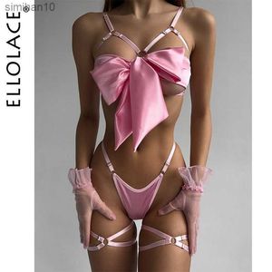 Slips Höschen Ellolace Bowknot Dessous Offener BH Schnürung Sexy Unterwäsche 3-teiliges Satin-Erotik-Outfit Junge Mädchen Unzensiertes Bilizna-Set Sex L230518