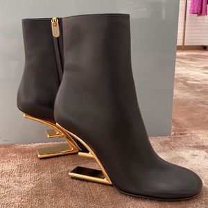 Fashion Black Women Letter Strange High Heel Ankle Boots Ladies Wedge Dress Shoes Autumn Winter Leather Short Botas Mujer Wedges