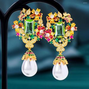 Dingle örhängen Godki Summer Multicolor Flower Pearl Drop Earring Trendy Charms Dubai Cubic Zirconia Statement For Women Wedding Jewelry