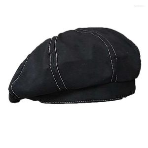 Berets 2023 Spring And Autumn Festival Women Girl Beret Artist Cotton Octagonal Flat Cap Vintage Hats Black Bright Line