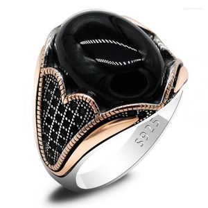 Klusterringar Rose Gold Vintage Men's Ring With Agate Stone 925 Sterling Silver Black Natural Gemstone Ladies Exquisite SMYELLT