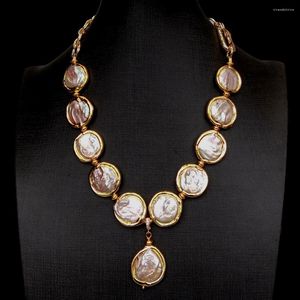 Halsketten mit Anhänger, Süßwasser-Zuchtperle, rosa Keshi-Münzperle, 21 mm, vergoldete Kette, 45,7 cm