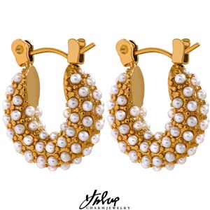 Yhpup Edelstahl Luxus Kleine Creolen Vintage Zarte Imitation Perlen Textur Gold Farbe Wasserdicht Modeschmuck