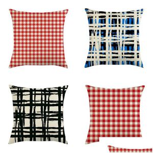 Fronha Xadrez Clássico Er 18X18 Polegadas Linho Vermelho Azul Lattice Almofada Decoração de Natal para Casa Dbc Drop Delivery Jardim Texto Dhrlw