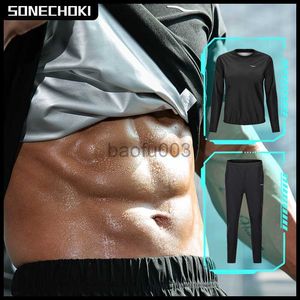 Men's T-Shirts 2Pcs Sauna Suit Slimming Men Pullover Sportswear for Sweating Weight Loss Running Fitness Gym Clothing Set Workout Tracksuit J230531