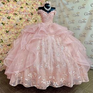 Princesa clara Princesa Quinceanera Vestidos 3D Flores Apliques de renda traje vestido de bola de bola de bola de bola vestido de aniversário Tulle-up Sweet 16 vestidos vestidos de 15