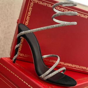 Cobra de lasca em torno de Crystal Womens Sandals Summer 2023 Sapatos de casamento de salto alto Designer de estiletto Bombas de vestido Gladiator