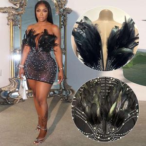 Casual Dresses Feathers Diamonds Sheer Mesh Bodycon See Through Hipster Clubwear Vestidos Mini Party Dress Women Sexy V Cut Strapless