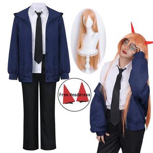 موضوع الأزياء الأنيمي Power Cosplay Chainsaw Man Blue Red Jacket Stack