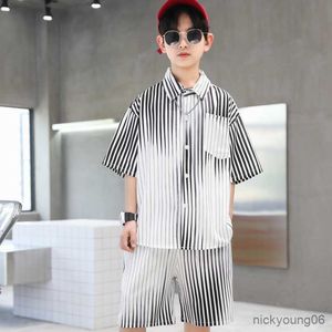 Clothing Sets Summer Boys Striped Shirt TopsandShorts School Kids Tracksuit Children Big Size Outfits Streetwear 5-14 Years