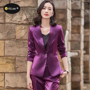 Women's Two Piece Pants 2PCS Women Fashion Formal Blazer Set Suit OL Office Lady Purple Korean Professional Coat Jacket Elegant Luxury