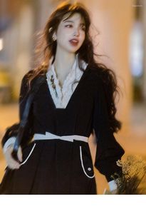 Casual klänningar Elegant Midi Black Dress Women Summer Office Lady Long Sleeve Party Evening Korean Fashion Style Clothing
