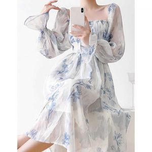 Party Print Dress for Women 2023 New Fashion Sweet Square Collar Lantern Sleeve Midi Dress French Style Chic Elegant Dresses