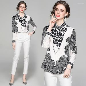Women's Blouses Spring Summer Fall Runway Vintage Giraffe Print Collar Long Sleeve OL Turn-Down Neck Womens Party Casual Top Shirts Blouse