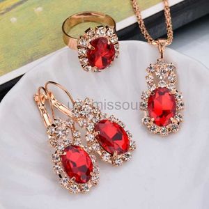 Band Rings Romantic Elegant Oval Colorful Zircon Earrings Ring Necklace Set for Women Exquisite Red Crystal Pendant Bridal Jewelry Set Gift J230531