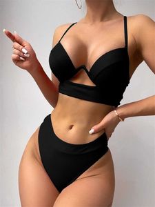 2023 Ny solid svart push up bikini set hög midja g-thong badkläder tvådelar kvinnors biquini p230530