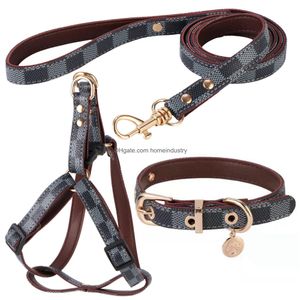 Hundhalsar Leashes Leather Designer Dogs Collar Set Classic Plaid Pet Leash Step in Harness for Small Medium Cat Chihuahua Bldog Dhboy