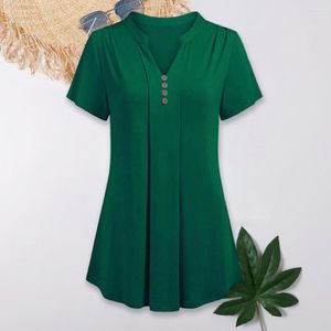 Women's T Shirts Women Summer T-shirt Short Sleeve V-neck Button Decor Solid Color A-line Mid Length Loose Hem Top Female Clothes