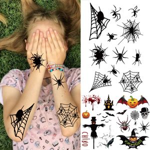 Tatuaggi Tatuaggi temporanei di ragno nero di Halloween per bambini Bambini Realistici falsi pipistrelli Spaventapasseri Tatuaggi con teschio Piccoli adesivi per tatuaggi fai da te