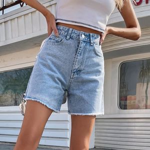 Women's High Waist Denim Shorts Straight Leg Raw Hem Jean Shorts Summer Hot Pants with Pockets