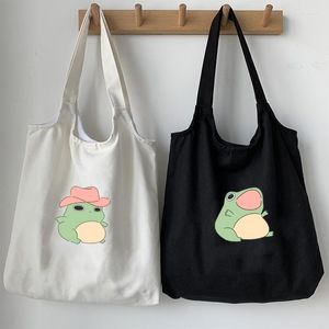 Einkaufstaschen Nette Cartoon Frauen Leinwand Handtaschen Frosch Baumwolle Tuch Damen Große Schulter Weibliche Eco Wiederverwendbare Tasche Casual Tote