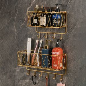 Bathroom Shelves Luxury Gold Bathroom Shelf No Drill Metal Shower Storage Basket Hook Toothbrush Shampoo Holder Bathroom Accessories Kitchen 230530