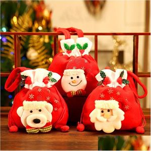 Juldekorationer Röd presentpåse DString Candy Cartoon Bear Santa Claus Snowman Decoration Non Woven Pouch DBC Drop Delivery Home DHTE9