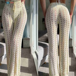 Women's Pants Capris Crochet Net Sexy Women Swimsuit Lace Up Drawstring Hollow Out Knitted Wide Leg Trousers European Casual Beach Cover Up Pants Y2K T230531