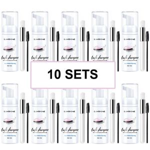 Borstar 10Sets 50 ml Professionella ögonfransar Skumrengöringssats Enskilda ögonfransförlängningslim Shampo Eye Lashes Makeup Remover + Brush