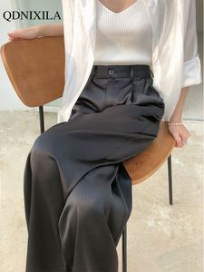 여자 바지 카프리스 여름 실크 새틴 하이 허리 캐주얼 한 검은 한국 패션 넓은 다리 정장 여성 바지 대형 230530