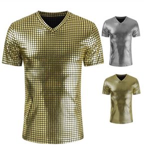 Men039s T-Shirts Gold Silber Plaid Metallic Nachtclub Tragen T-shirt Männer Sexy Neue Disco Party Bühne Prom T-shirts Männer Slim Fit V Ne7987292