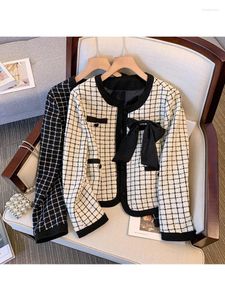 Jackets femininos Mulheres elegantes xadrez xadrez tweed casaco de tweed de manga longa de manga longa
