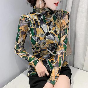 T-shirts #8902 Spring Autumn Printed T Shirt Women High Quality Fashion Slim Turtleneck Tshirt Female Mesh Long Sleeve Womens Tops S4XL