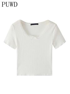 Magliette e camicette PUWD Donne Sveglie Bianco di Colore Solido Morbido Carro Armato Del Cotone 2022 di Modo di Estate Delle Signore Dell'arco Del Merletto Sottile Breve Magliette e camicette Femminile Sexy Chic Crop Top