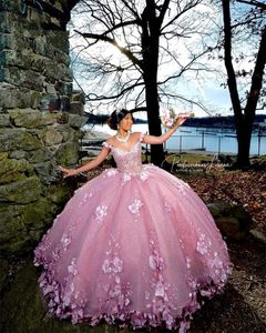 Pink Princess Ball Gown Quinceanera Dresses 3D Flowers Applique Pearls Sweet 16 Dress Birthday Vestidos de 15 Anos Lace-Up 322