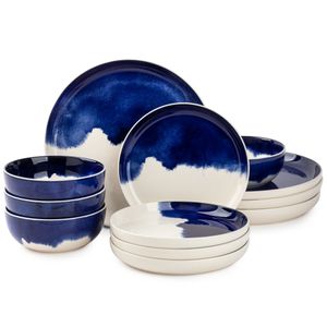 Thyme Table Dinnerware Blue Drip Stoneware, 12 Piece Set