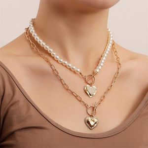 Kedjor klassisk pärla sträng halsband för kvinnor guld färg legering hjärthänge mode dubbel lager bröllop smycken gåva