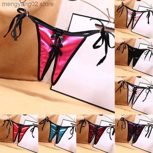 ブリーフパンティーズレディースクロツルTバックパンティーLingerie G-String Underwear Thong Lace-up Bow Low WAIST Open Crotch Satin T23601