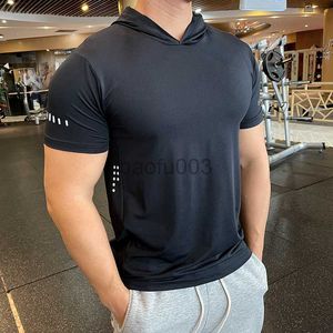 Men's T-Shirts GYM Sport Hooded Running Men T shirt Fitness Slim Elasticity Breathable Quick Dry Bodybuilding Mens short sleeve Tshirt Tee Tops J230531