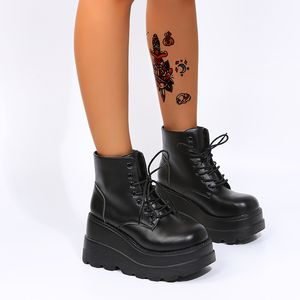 Botas de tornozelo punk feminino couro curto plataforma botas de cunha ladras sapatos de salto alto